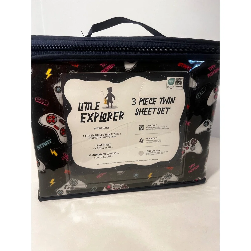Little Explorer Twin Sheet Set 3pc Video Game Controller Gamer Black Blue New